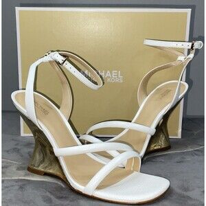 Michael Kors Nadina Ankle Strap Wedge Sandals Heels Optic White Size 8 M